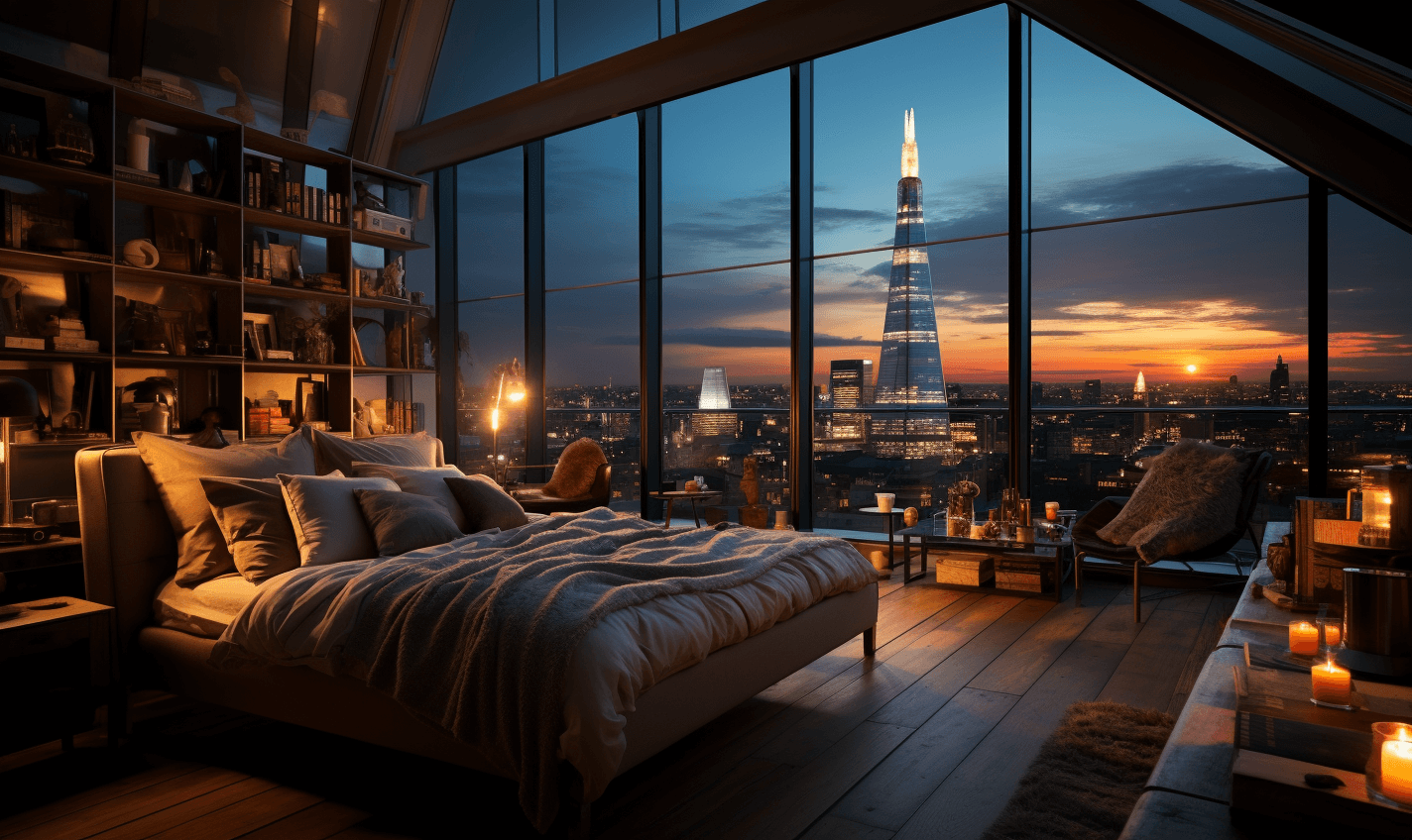 Modern loft in night setting with a view to Shard