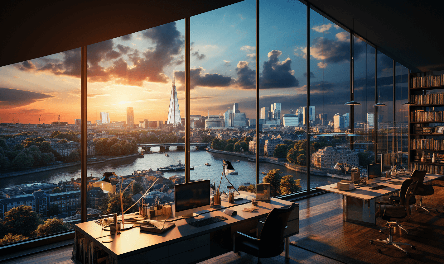 Modern loft office with skyline view to London