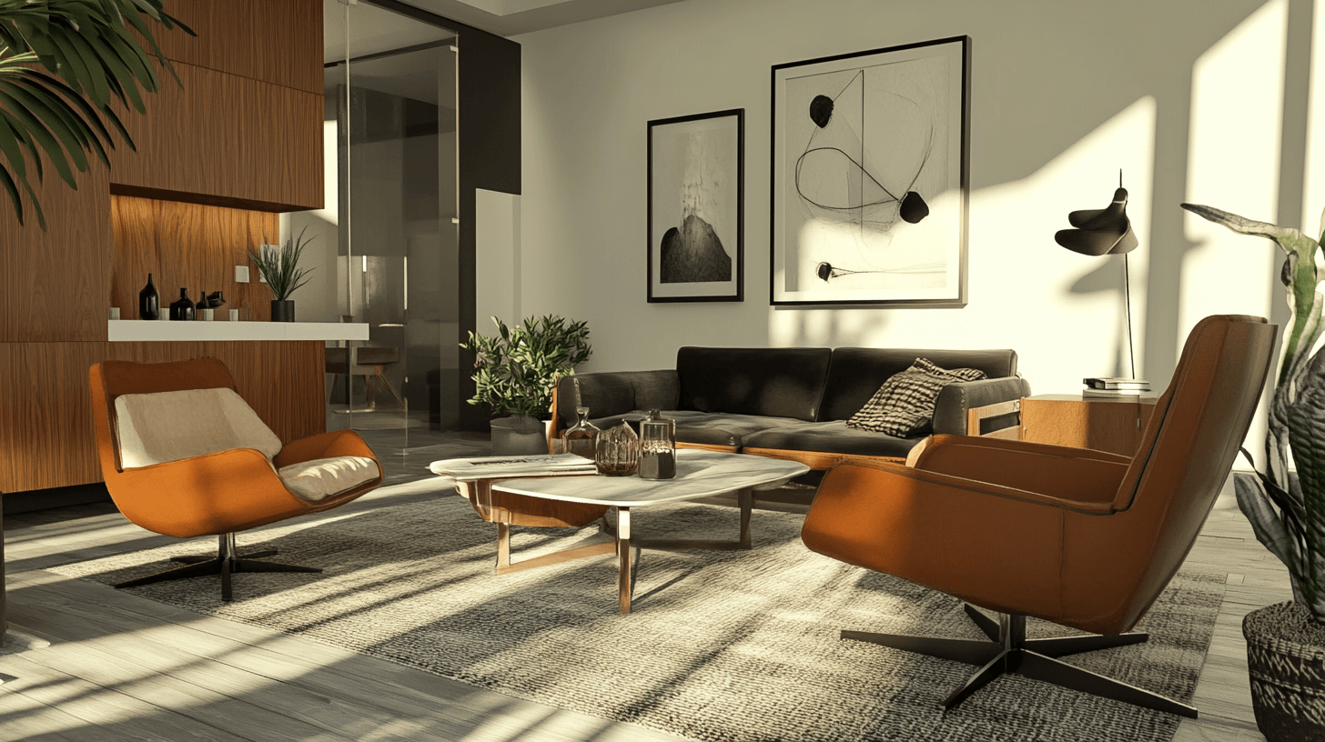 Mid-century modern living room designed by interior builder London, featuring sleek furniture and natural lighting.