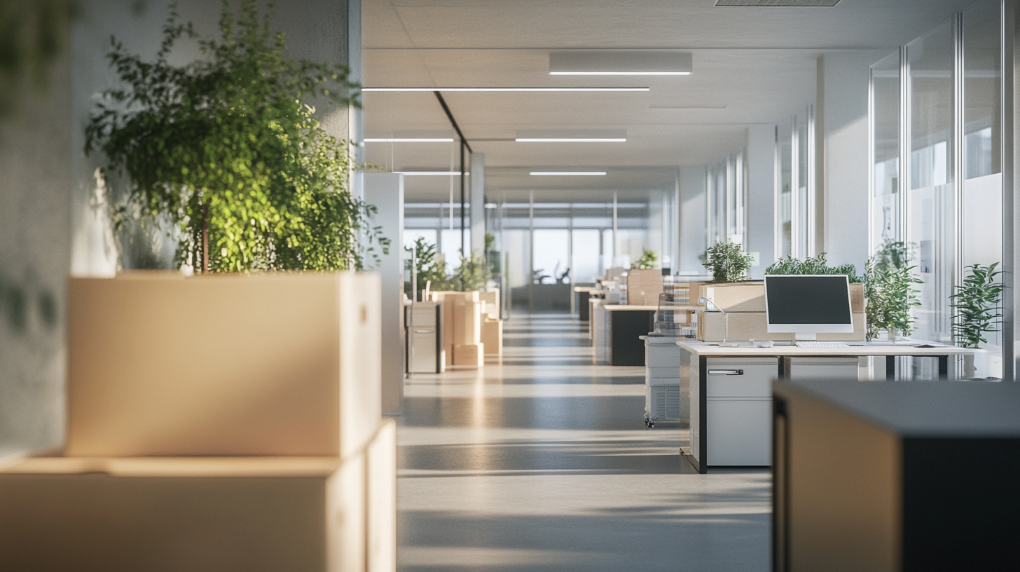 A modern open office space with boxes during an office relocation handled by office fit out builders in London.
