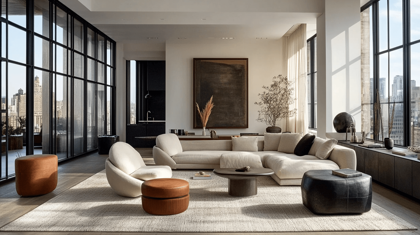 Modern living room with large windows and minimalist furniture, designed by interior builder London.