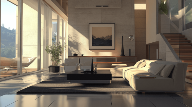 Open-plan luxury living room with contemporary furniture and glass walls created by interior builder London.