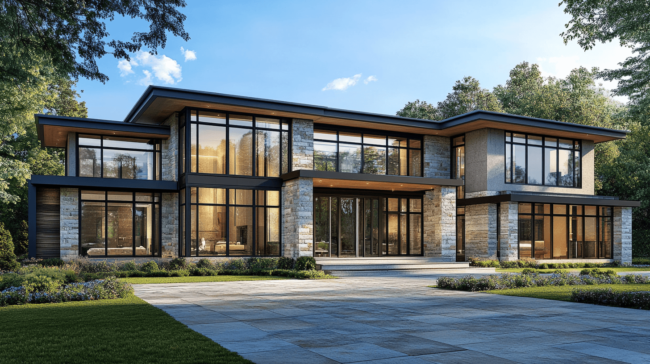 Sleek modern home with large glass panels, created by architectural builders in London.