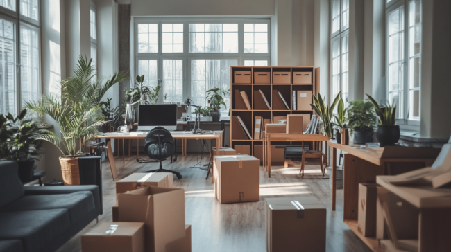 Spacious office being prepared with boxes and furniture by office fit out builders in London.